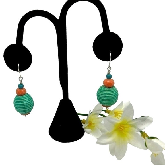 Earrings Handmade Mint Green Corded Ball/Coral Beaded Dangle Earrings - Picture 1 of 3